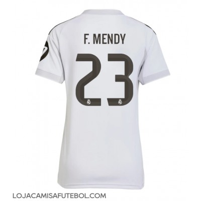 Camisa de Futebol Real Madrid Ferland Mendy #23 Equipamento Principal Mulheres 2025-26 Manga Curta Camisa de Futebol Real Madrid Ferland Mendy #23 Equipamento Principal Mulheres 2025-26 Manga Curta